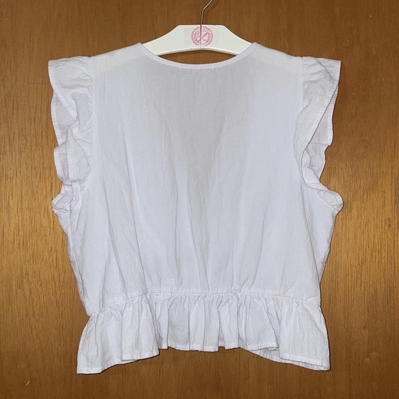 •FANCYINN•WHITE GAUZE MATERIAL DEEP V NECK RUFFLE CROPPED BLOUSE SIZE LARGE - Picture 3 of 7